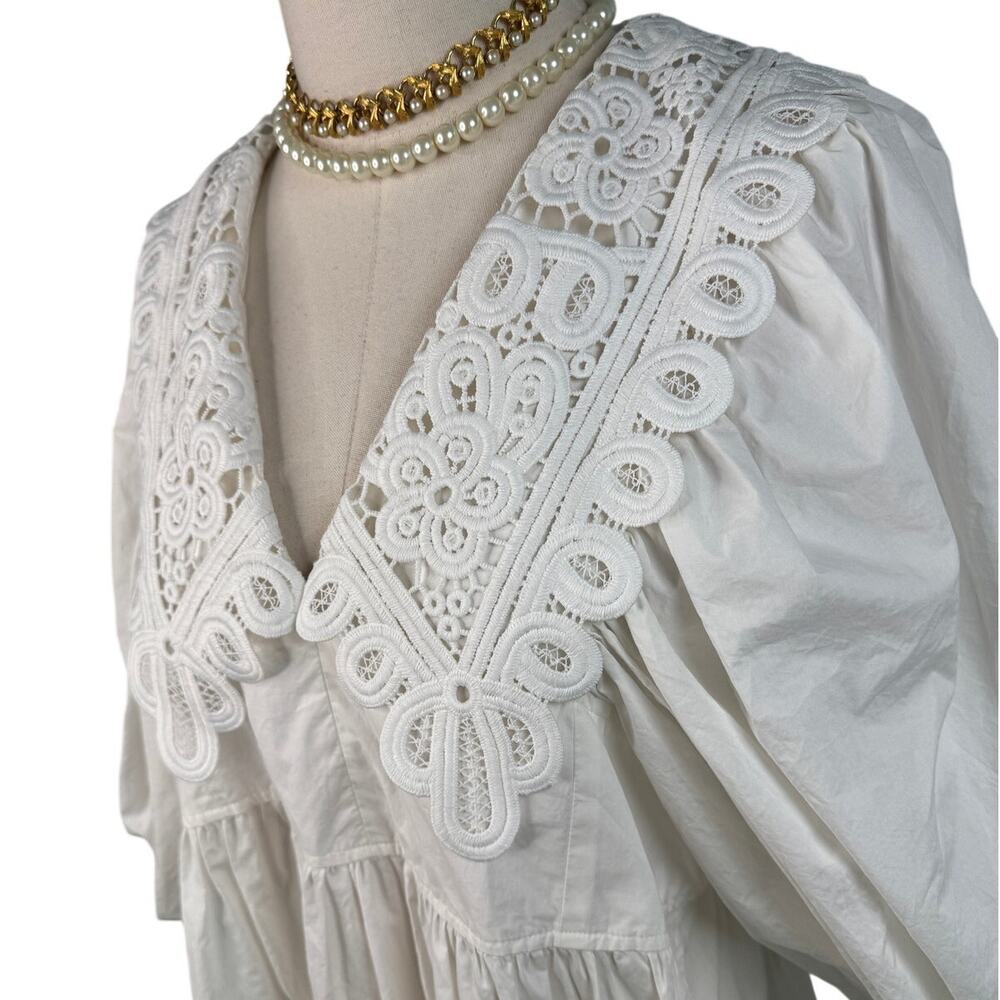 Hunter Bell Mercer Dress White Cotton Lace Collar Puff Sleeve Midi Maxi Dress L - Picture 7 of 13